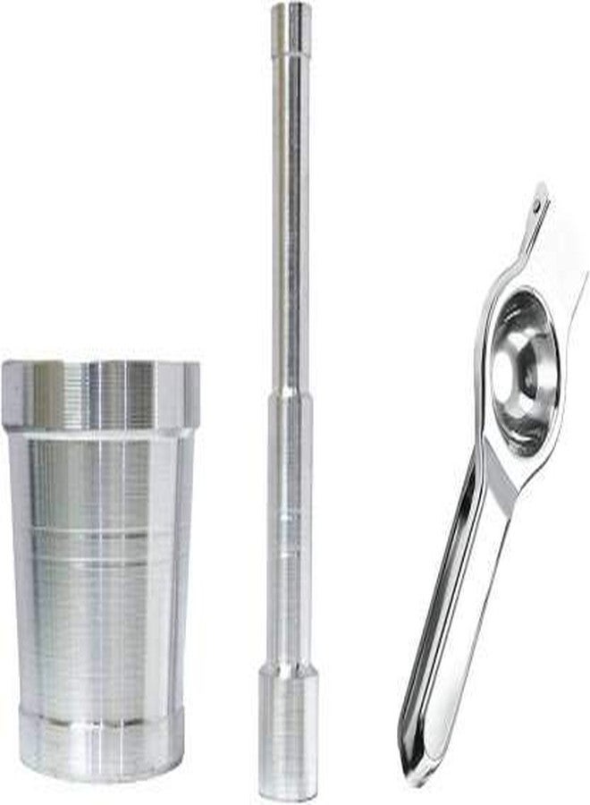 New Trend 3.2-OKHLI-LEMON Aluminium Mortar and Pestle set/Imam Dasta/Okhli and Stainless Steel Lemon Squeezer Silver Kitchen Tool Set (Silver) - Image 1
